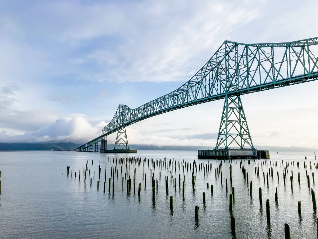 The Astoria-Megler Bridge above the Columbia River just after sunrise.