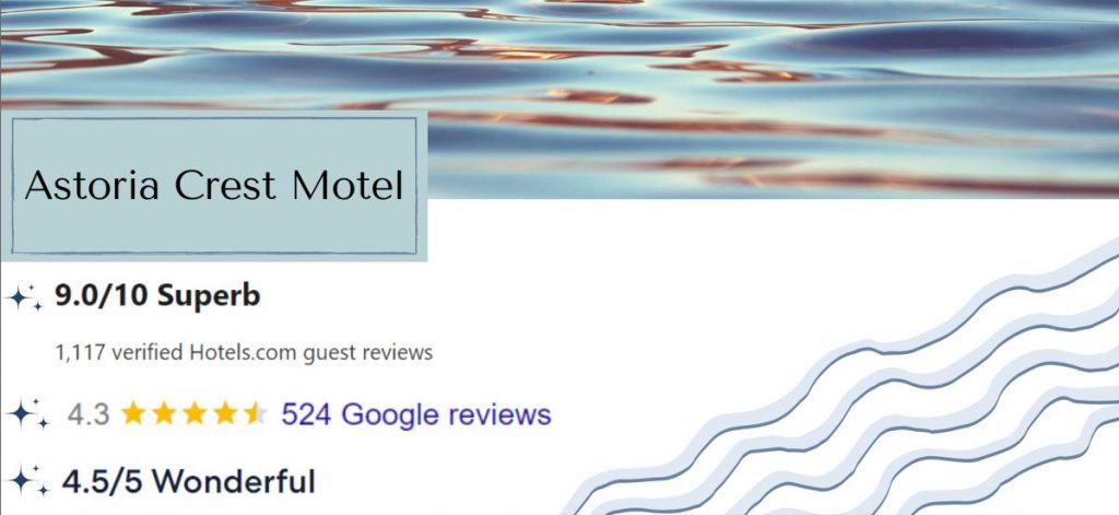 High reviews for the Astoria Crest Motel from sites like Expedia, Google, and Booking.com