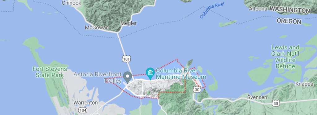 Map screenshot of Astoria, Oregon, in reference to the Washington-Oregon border and the Columbia River.