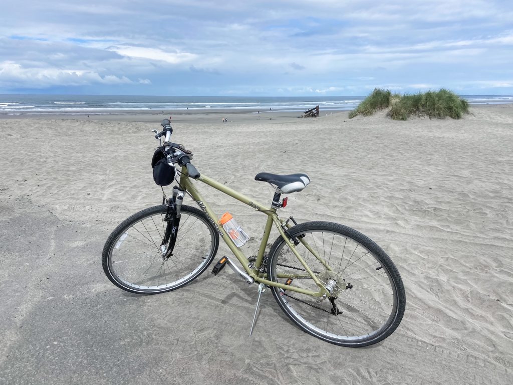Used bike purchased from Bikes and Beyond in Astoria, Oregon, posed at Fort Stevens State Park.