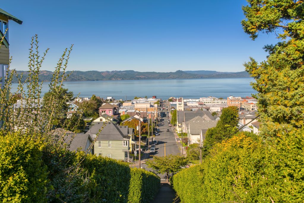 View of downtown Astoria, Oregon from the top of the Pigeon Steps.